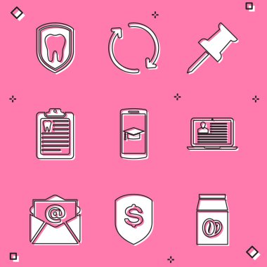 Diş koruma, yenileme, raptiye, diş kartlı pano, mezuniyet arabası ve dizüstü bilgisayar özgeçmiş simgesini ayarla. Vektör