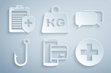 NFC Ödeme, Sohbet, Balık oltası, Tıbbi çapraz çemberi, Sağlık sigortası ikonu olan ağırlık ve panoyu ayarla. Vektör