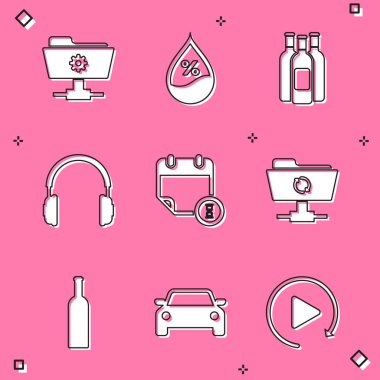 FTP ayarları dizini, su damlası yüzdesi, şarap şişeleri, kulaklıklar, takvim ve saat yenileme simgesini ayarlayın. Vektör