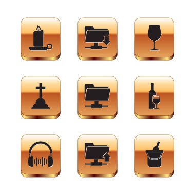 Mum yakma, kulaklık ses dalgaları, FTP klasör yüklemesi, haçlı Tombstone ve şarap cam ikonu. Vektör