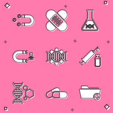 Müşteri çekmeyi, çapraz bandaj alçısını, DNA araştırmasını, aramayı, Genetik mühendisliğini ve tıbbi şırınga ikonunu ayarla. Vektör