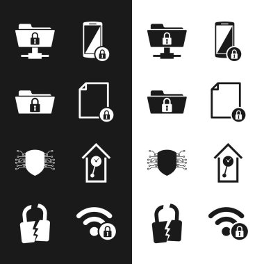 Belge ve kilidi, Dizin, FTP klasörü, Akıllı Telefon, Siber Güvenlik ve Retro duvar izleme simgesini ayarla. Vektör