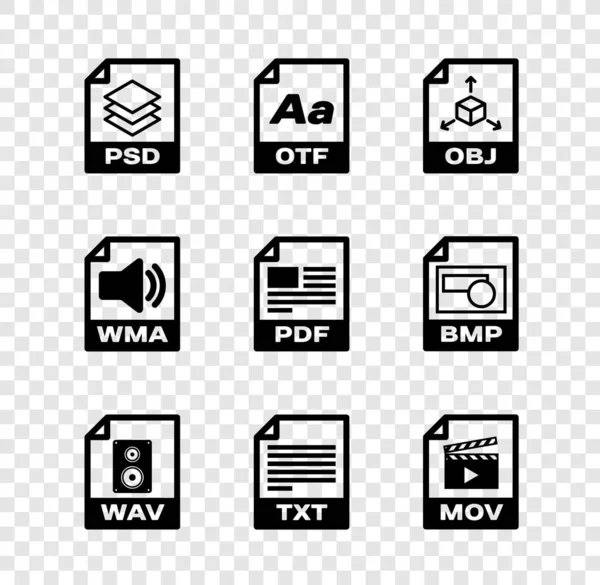 Definir Documento Arquivo Psd Otf Obj Wav Txt Mov Ícone —  Vetores de Stock