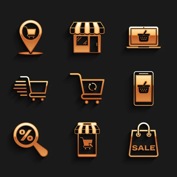 Set Refresh Shopping Cart Mobile Shopping Bag Sale Basket Magnifying — Stock Vector