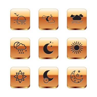 Günbatımı, Uyuyan Ay, Ay ve yıldızlar, Yağmurlu Bulut ve ikon. Vektör