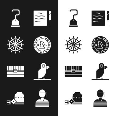 Korsan madeni para, gemi direksiyonu, kanca, tüy kalem ve parşömen, antika hazine sandığı, papağan, denizci kaptanı ve zar ikonu. Vektör