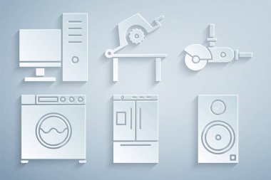 Buzdolabı, Angle öğütücü, Çamaşır makinesi, Stereo hoparlörü ahşap testeresi ve bilgisayar monitörü ikonu. Vektör