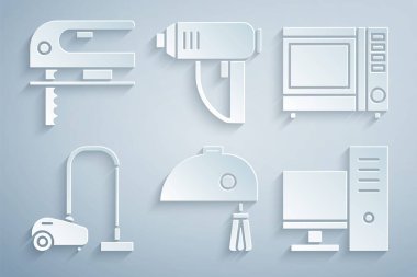Elektrik mikseri, mikrodalga fırın, elektrikli süpürge, bilgisayar monitörü, endüstriyel kurutucu ve yapboz ikonunu ayarla. Vektör