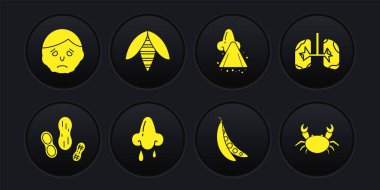 Fıstık, akciğer, burun akıntısı, böbrek fasulyesi, arı, yengeç ve iltihap yüz simgesinde. Vektör