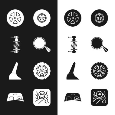Araba aynası, şok emici, tekerlek, fren diski, el freni, vites kolu ve ön cam simgesini ayarla. Vektör