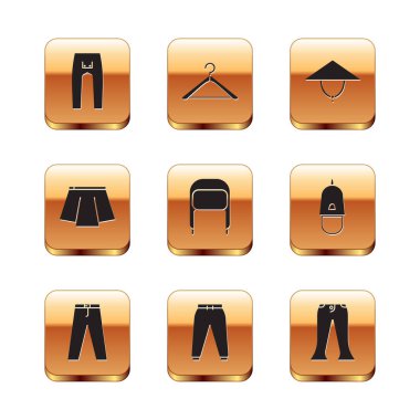 Set Pantolon, Spor Pantolon, Kulak flaplı Kışlık Şapka, Etek, Asyalı konik ve Hanger giysi ikonu. Vektör