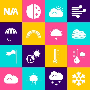 Kar Tanesi, Meteoroloji Termometresi, Sis ve Bulut, Güneş, Gökkuşağı, Şemsiye, Uygulanabilir Değil ve Günbatımı simgesi. Vektör