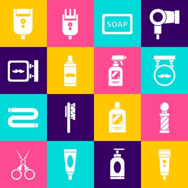 Elektrikli saç makası veya tıraş makinesi, klasik berber dükkanı direği, berber dükkanı, köpüklü sabun, tıraş jölesi, erkekler için tıraş bıçağı ve kuaför tabancası sprey şişesi ikonu. Vektör