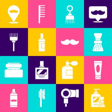 Tıraş köpüğü ve fırça, krem veya losyon kozmetik tüpü, saç fırçası, sakal bıyığı bakım yağı şişesi, berber dükkanı ve bıyık ikonu. Vektör