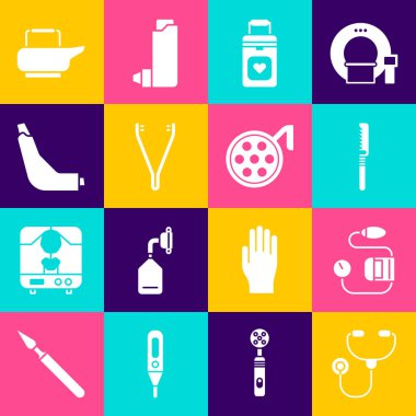 Stetoskop, kan basıncı, testere, organik konteynır, cımbız, astım spreyi, lazımlık ve ameliyat lambası ikonu. Vektör
