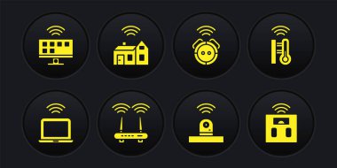 Kablosuz dizüstü bilgisayar, akıllı termometre, Router ve wi-fi sinyali, güvenlik kamerası, robot elektrikli süpürge, kablosuz ev, banyo terazisi ve televizyon ikonu. Vektör