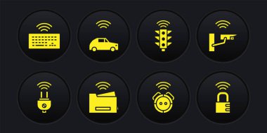 Akıllı elektrik prizi, güvenlik kamerası, yazıcı, robot elektrik süpürgesi, trafik ışığı, kablosuz, güvenli şifreli araba sistemi ve kablosuz klavye simgesini ayarla. Vektör