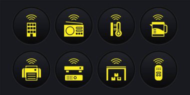Akıllı yazıcı, elektrikli çaydanlık, kablosuz TV alıcısı, depo, termometre, radyo, uzaktan kumanda ve kablosuz ikonlu ev. Vektör