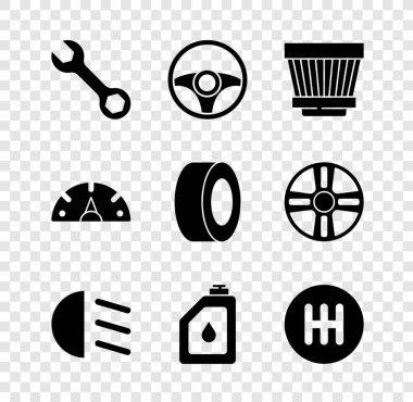 Anahtarı, direksiyonu, araba hava filtresini, yüksek kirişi, motor yağı, vites kolu, hız göstergesi ve lastik simgesini ayarla. Vektör