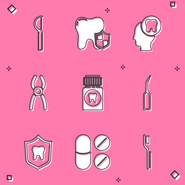 Diş ipi, koruma, dişli insan kafası, pense, ağrı kesici tablet, kaşif pulu ve ikon. Vektör