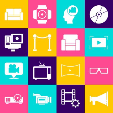 Megafon seti, 3 boyutlu sinema gözlükleri, çevrimiçi oyun videosu, kameralı kafa, ip engeli, aksiyon ekstresi, sinema koltuğu ve simgesi. Vektör