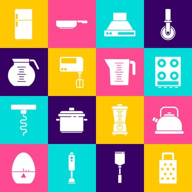 Grater 'ı ayarla, ısıtıcılı çaydanlık, gaz ocağı, mutfak vantilatörü, elektrikli mikser, kahve demliği, buzdolabı ve ölçü kabı ikonu. Vektör