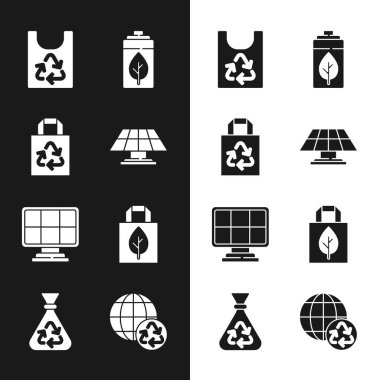 Güneş enerjisi paneli, geri dönüşümlü kağıt torba, Plastik, Eko doğa yaprağı ve bataryası, Alışveriş, Dünya Gezegeni geri dönüşümü ve Çöp ikonu. Vektör