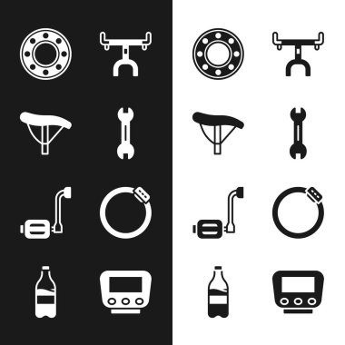 İngiliz anahtarı, bisiklet koltuğu, bilye, gidon, pedal, fren diski, hız göstergesi ve su ikonlu spor şişesini ayarlayın. Vektör