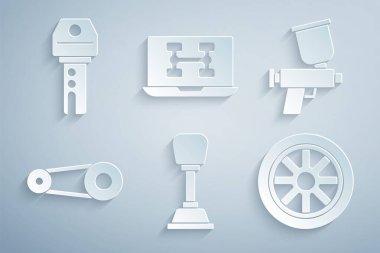 Vites değiştirici, sprey tabanca, zaman ayarlı kemer takımı, araba tekerleği, uzaktan kumandalı araba ve anahtarın tanısal durumu. Vektör