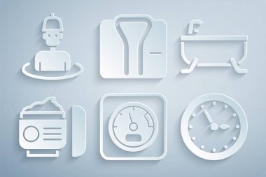 Sauna termometresi, küvet, krem ya da losyon kozmetik tüpü, saat, bornoz ve adamı sauna simgesinde ayarla. Vektör