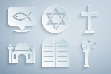 Emirleri belirle, Hristiyan haçı, Müslüman camisi, Aspergillum, Davut Yıldızı ve balık ikonu. Vektör