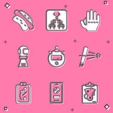 Hotdog sandviçi, Şampiyonluk turnuvasındaki destekler, beysbol eldiveni, beyzboldaki ödül kupası, Stopwatch, sopa, planlama stratejisi ve mobil ikon. Vektör