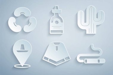 Panço, Kaktüs, Meksika sombrerosu, puro, tekila şişesi ve fasulye ikonu. Vektör