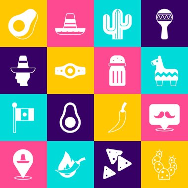 Set Kaktüsü, Bıyık, Pinata, Güreş Şampiyonası kemeri, Meksikalı sombrero, Avokado meyvesi ve Tuz ikonu. Vektör