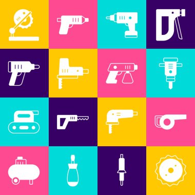 Dairesel testere bıçağı, Yaprak bahçe üfleyici, inşaat matkabı, kablosuz tornavida, yapboz, ahşap masa ve boya sprey tabancası ikonu. Vektör