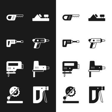 Elektrik kablosuz tornavida, döner çekiç matkabı, testere, tahta uçak aleti, yapboz, ahşap ikon için yapı zımbası ve masa. Vektör
