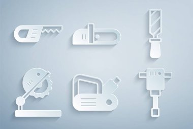 Elektrikli planlayıcı aracı, Rasp metal dosyası ahşap işçiliği, inşaat matkabı, testere ve Karşılaştırma simgesi için testereyi ayarlayın. Vektör