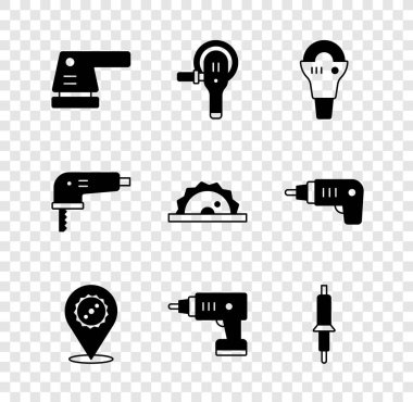 Elektrikli zımpara makinesi, çember testere bıçağı, kablosuz tornavida lehim, yapboz ve dairesel ikon. Vektör