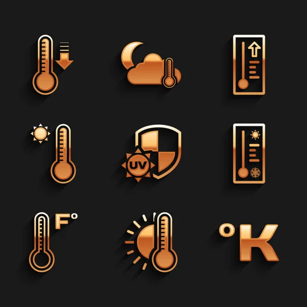 Állítsa Védelem Hőmérő Napsütéssel Kelvin Meteorológiai Hőmérő Ikon Vektor — Stock Vector