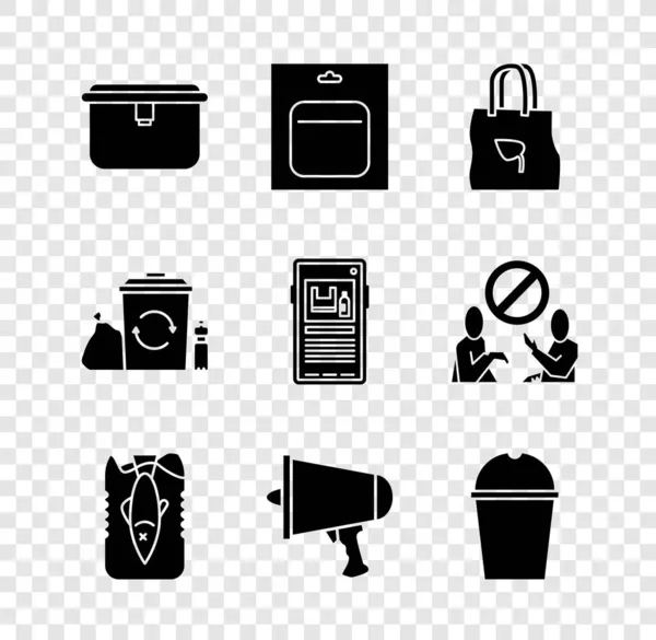 集饭盒 袋装电池 回收购物袋 防止海洋塑料污染 传播信息 扩音器 纸杯水 回收箱和图标为一体 — 图库矢量图片