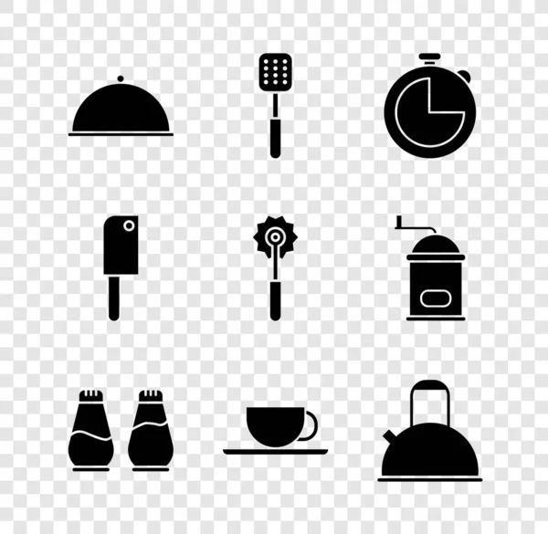 集涵盖托盘 厨房定时器 盐和胡椒 咖啡杯 肉切碎和比萨刀图标 — 图库矢量图片