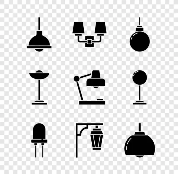 采购产品灯具吊灯 壁灯或灯芯 发光二极管 古董街灯 地板和桌子图标 — 图库矢量图片