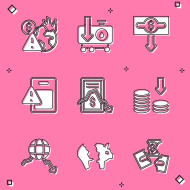 Küresel ekonomik krizi belirle, ham petrol fiyatlarındaki düşüşü, dolar oranındaki düşüşü, mobil hisse senedi ticaretini ve kırık domuz kumbarası ikonunu. Vektör