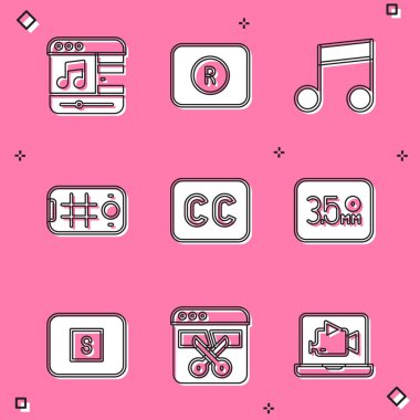 Müzik çaları, kayıt düğmeleri, notalar, notalar, selfie mobil, altyazılar, ses krikoyu, dur medya ve video kayıt editörü simgesi. Vektör