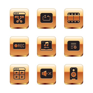 Video kaydedici ya da düzenleyici, müzik listesi, sözcü sessiz, müzik eşliğinde dizüstü, kayıt düğmesi, video oynat, Stereo hoparlörü ve parça çalma simgesini ayarla. Vektör
