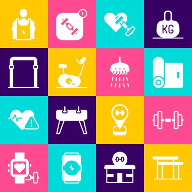 Parmaklıklar, Dumbbell, Fitness paspas rulosu, kalp, sabit bisiklet, spor yatay, vücut geliştirici ve duş simgesi ile ayarlayın. Vektör
