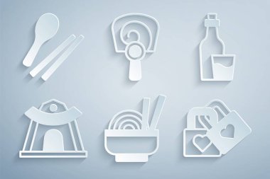 Asya eriştelerini kaseye koy, soju şişesi, Kore tapınağı, kalpten kilitle, el vantilatörü ve yemek çubuğu ikonu. Vektör