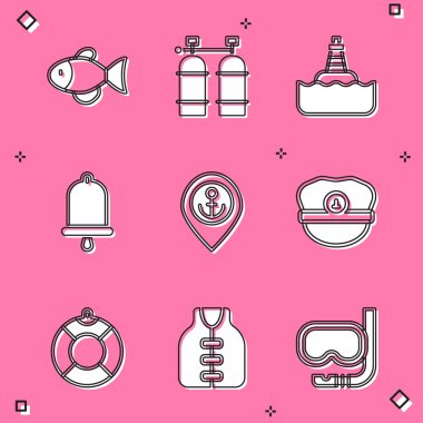 Fish, Aqualung, yüzen şamandıra, gemi zili, çapalı konum, Kaptan şapkası, Lifebuoy ve ceket ikonu. Vektör