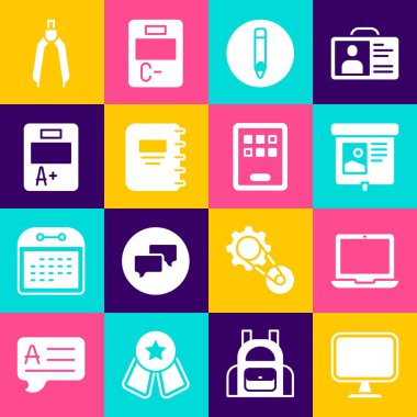 Bilgisayar monitörünü, Laptop, Projeksiyon ekranını, Kalem, Not Defteri, Sınav kağıdını A artı notla, Çizim pusulası ve Grafik tablet simgesiyle ayarla. Vektör