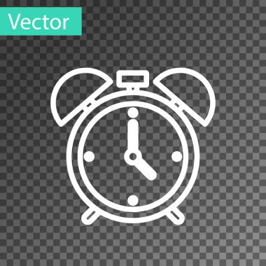 Beyaz çizgi alarm saat simgesi şeffaf arkaplanda izole edildi. Uyan, kalk konsepti. Zaman işareti. Vektör.